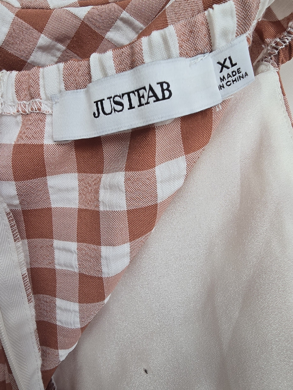 JustFab XL Gingham Puff Sleeve Dress Rust White NWT Cottagecore - Picture 3 of 5